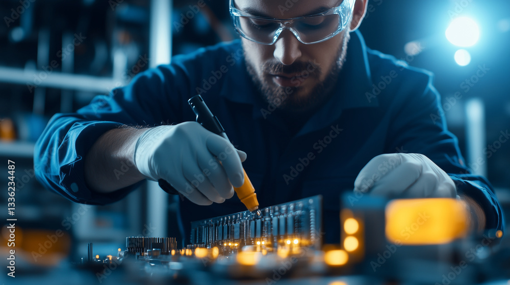 Poster a technician using diagnostic tools to monitor voltage levels in an ev battery pack, with intricate 