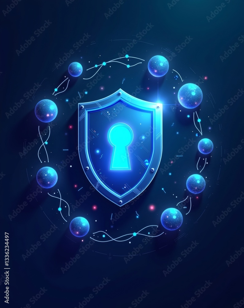 Poster a digital shield icon with a glowing keyhole, surrounded by orbs and lines, symbolizing data protection. The overall design has a futuristic and tech-focused aesthetic