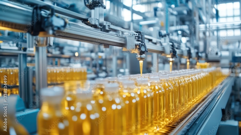 Poster Automated filling machines process bottles on a production line
