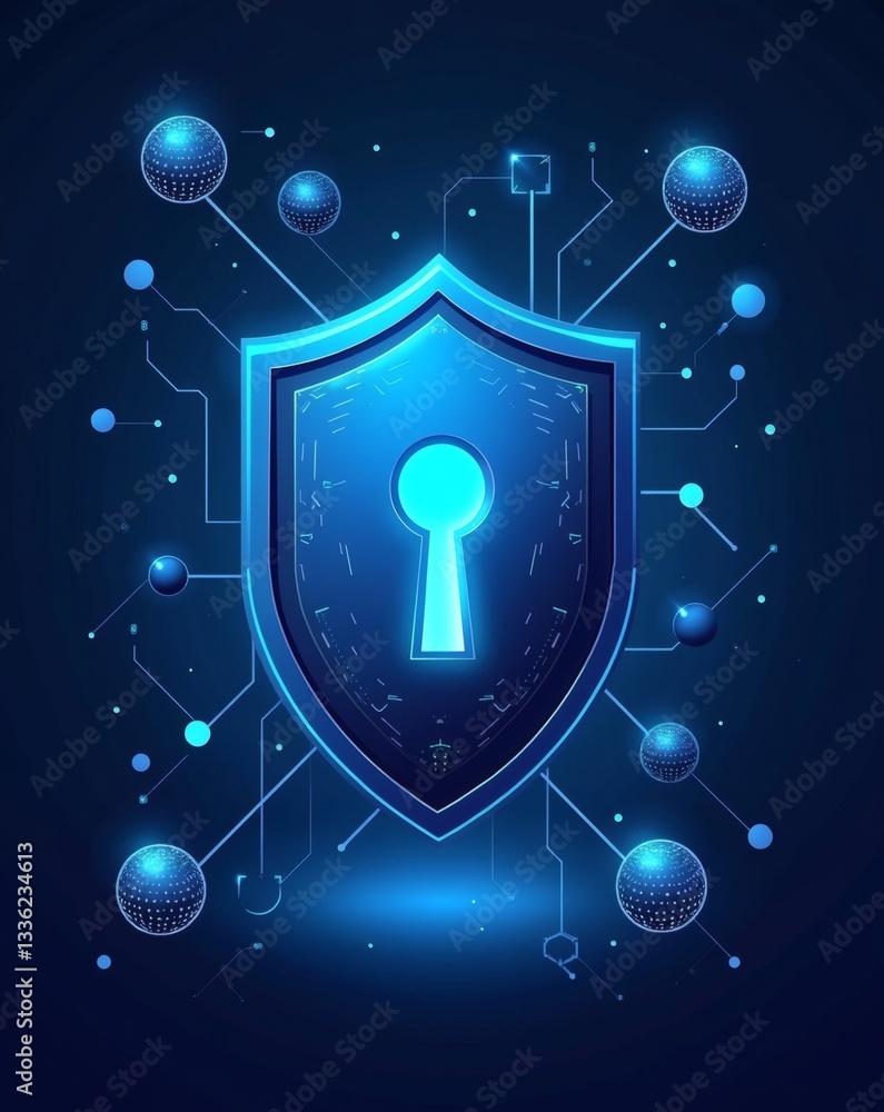 Poster a digital shield representing cybersecurity, data protection, and network security. The shield has a keyhole in the center and is surrounded by circuit board elements