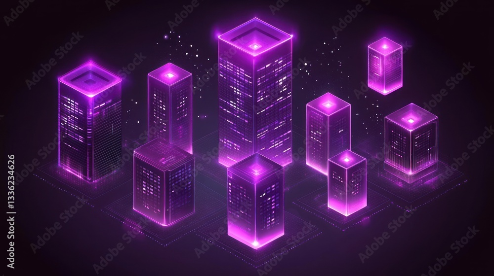 Poster Lit futuristic data centers displayed in isometric architectural composition