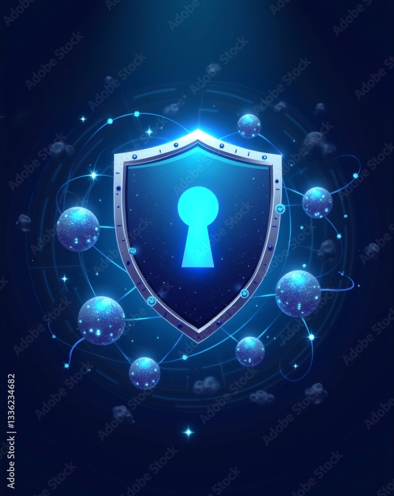 Poster digital shield with keyhole and network connections that represent cybersecurity and data protection