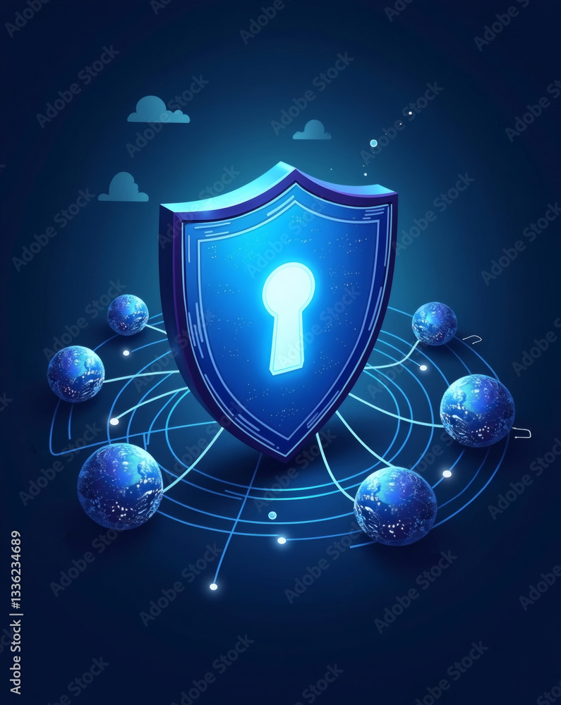 Poster a digital shield with a keyhole, surrounded by interconnected globes, symbolizing data protection an