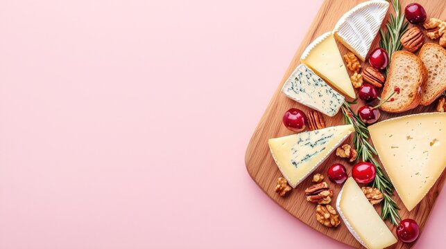 An artfully arranged wooden board displaying an assortment of gourmet cheeses, garnished with sprigs of rosemary and slices of artisanal bread, highlighted by bright cherries and a colorful array of