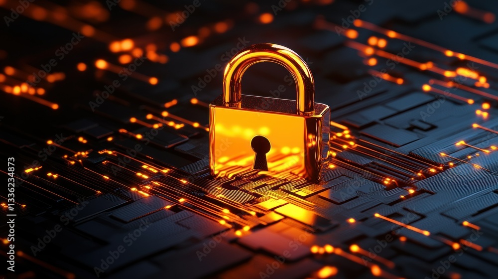 Poster a golden padlock rests on a circuit board with glowing lights