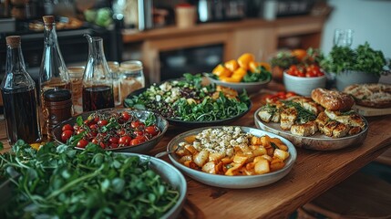 Obraz premium Abundant healthy food buffet on wooden table.