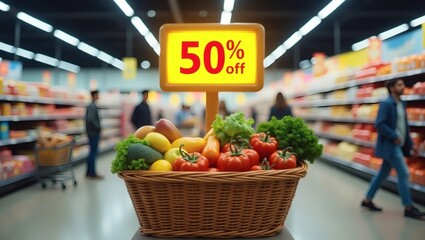 a basket of fresh produce in a supermarket aisle, with a 50% off sign indicating a discount. Shoppers are visible in the blurred background