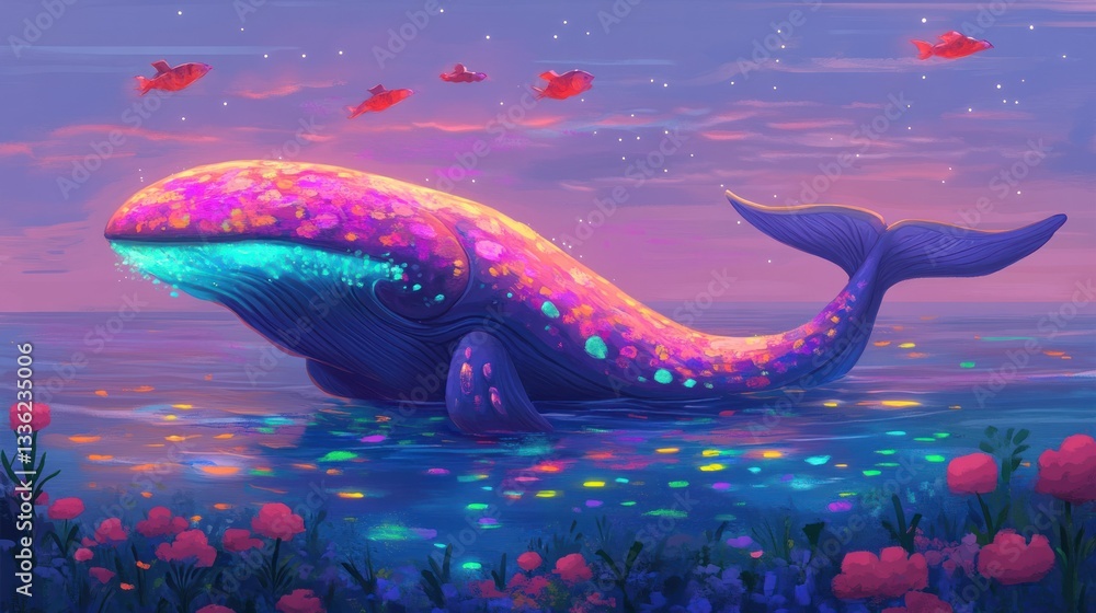 Poster a colorful whale swims in water with floating fish above