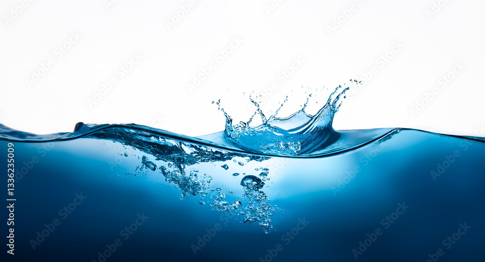 Poster dynamic blue water splashes and ripples against a stark white background. bubbles ascend creating a 