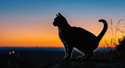 Photograph an American Wirehair Cat in Silhouette Against a Vibrant Dusk Sky From a Natural Hilltop or Elevated Viewpoint Overlooking a Landscape