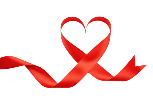 A long silky red ribbon elegantly shaped into a heart isolated on transparent background