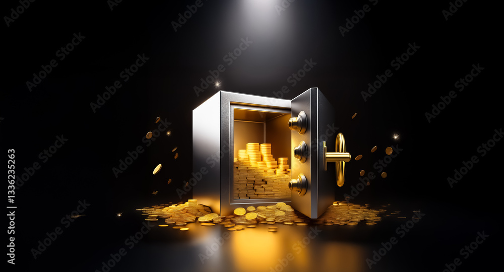 Poster Open metallic safe overflowing with shiny gold coins against a dark backdrop. Coins are scattered and illuminated by a spotlight. Symbol of wealth and security.