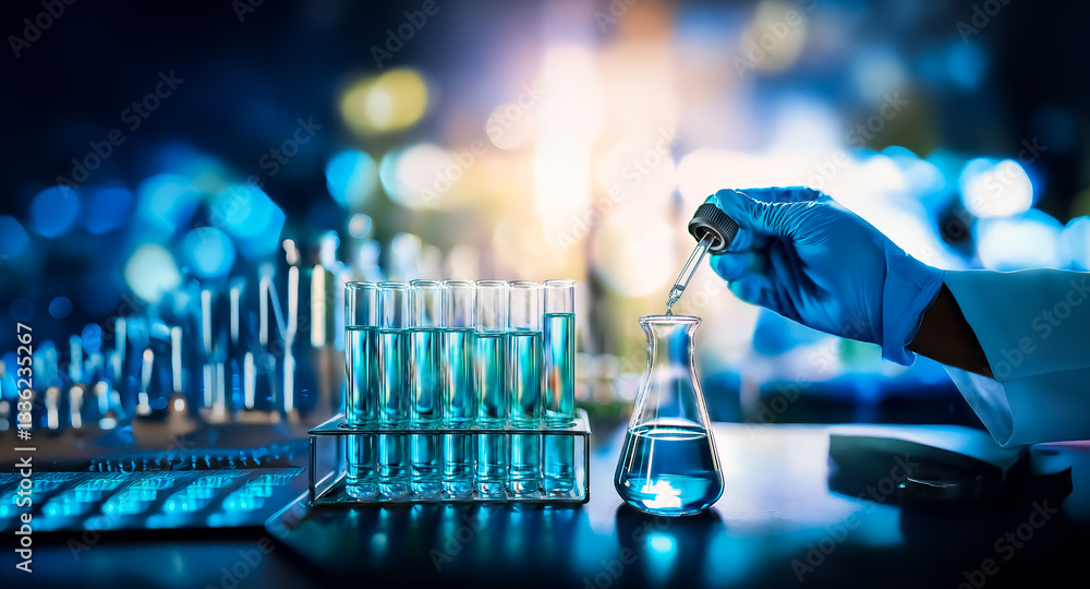 Poster science lab scene depicting a gloved hand using a pipette to add liquid to a flask. test tubes are v