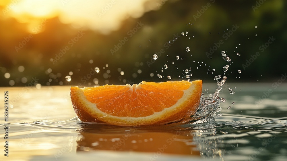 Poster an orange slice suspended in water with droplets splashing upwards