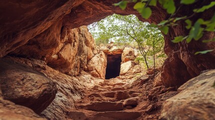 A narrow cave entrance leading into an underground labyrinth, waiting to be explored by adventure tourists.