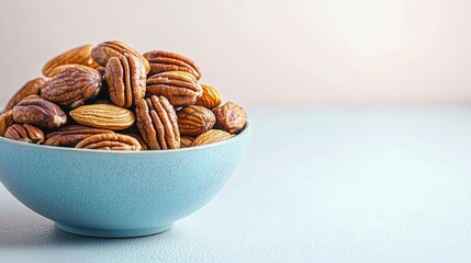 Close-up capture of an elegantly arranged bowl of mixed nuts such as chestnuts, pecans, and almonds, positioned against a subtle pastel-colored backdrop, creating a warm and inviting visual perfect