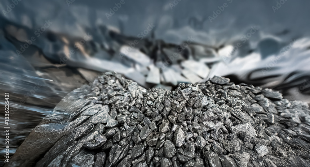 Leinwandbilder a textured pile of grey rocks dominates the foreground, creating a rough surface. a blurred, cave-li