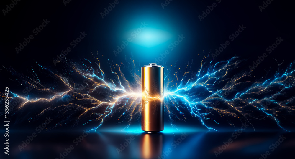 Poster A shiny battery stands upright against a dark backdrop.  Electric sparks emanate from it, illuminating the scene with bright blue and orange light. Energy is clearly visualized.