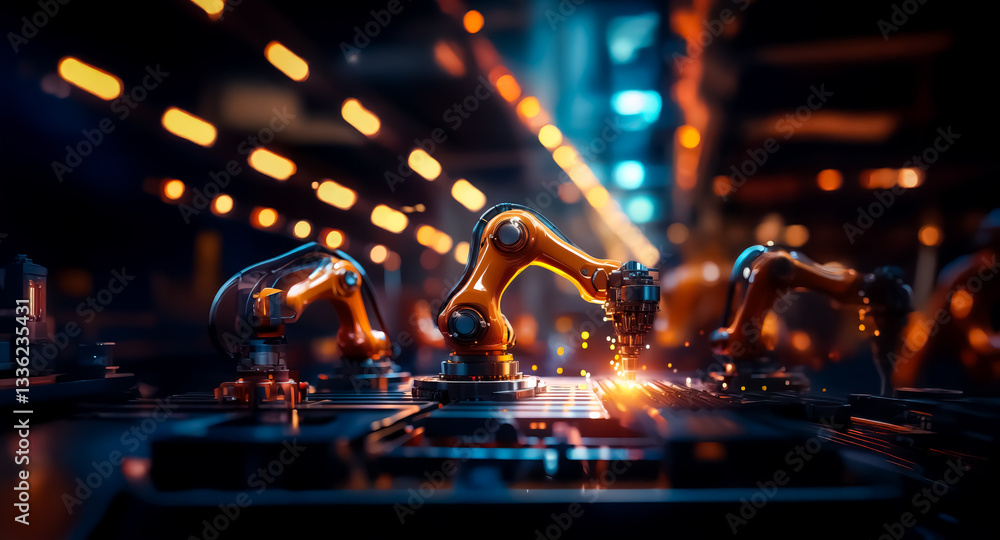 Leinwandbilder robotic arms work in a dark factory setting, sparks fly as they assemble and manufacture products wi