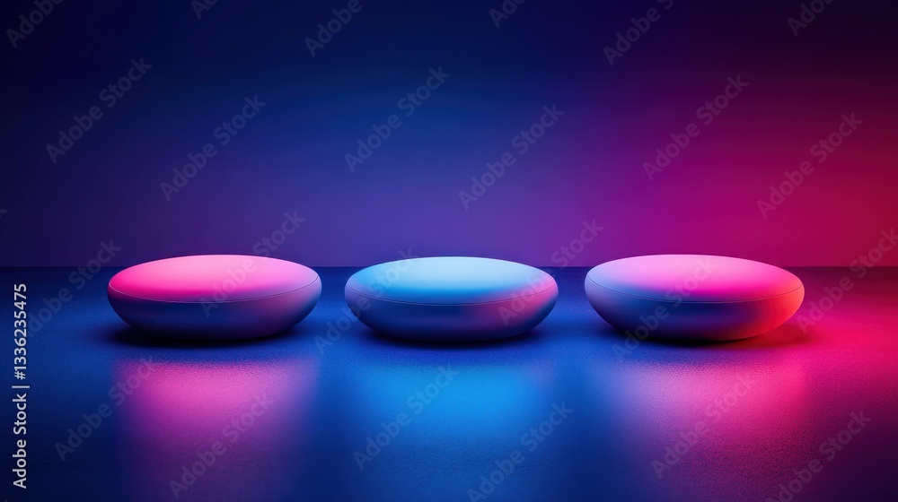 Poster three oval shaped objects bathed in vibrant color lighting