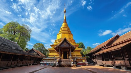 Naklejka premium The golden chedi of Wat Phra That Lampang Luang shining against a backdrop of blue skies and ancient wooden structures