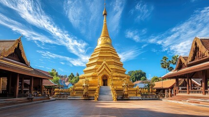 Naklejka premium The golden chedi of Wat Phra That Lampang Luang shining against a backdrop of blue skies and ancient wooden structures