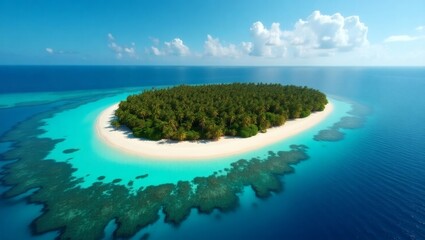 a picturesque island surrounded by a crystal-clear turquoise ocean and sandy beach, with lush green trees in the center