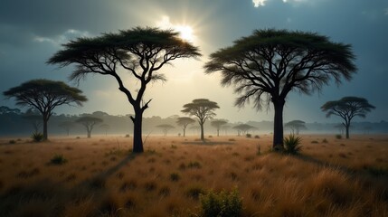 Obraz premium Savanna woodlands under a cold winter morning rain. Tall, sparse trees stand in mist, their silhouettes softened by the steady drizzle, creating a tranquil landscape.