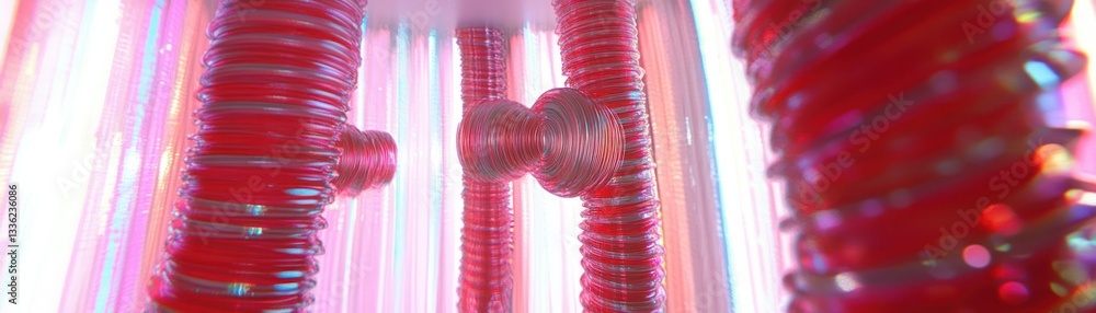 Poster Cylindrical red structures with connecting elements and shimmering background