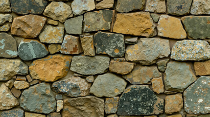 Fototapeta premium A stone wall with many different colored stones on it