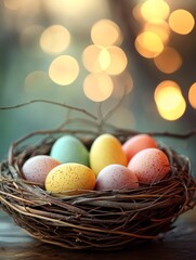 Obraz premium Pastel Easter Eggs in a Rustic Nest: A Joyful Celebration of Spring, Tradition, and New Beginnings with a Bokeh Background and Cheerful Colors