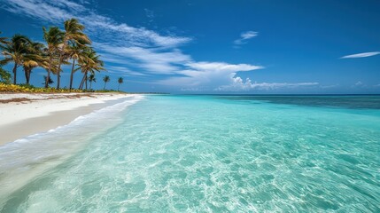 Fototapeta premium Tropical paradise: Crystal turquoise waters meet white sand beach under blue skies