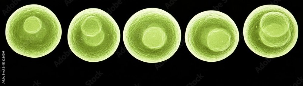 Poster Several green cellular biological structures are arranged sequentially in a row