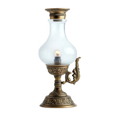 A 19th-century oil lamp with a frosted glass chimney, brass base, and an ornate handle  isolated on a white background.