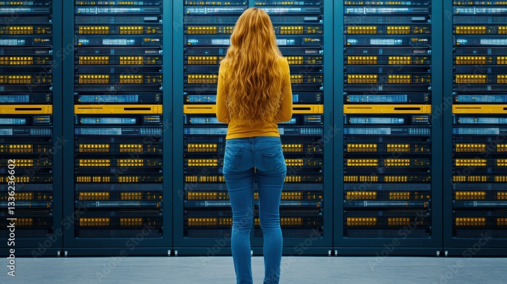 Poster A person is standing before a data center server rack