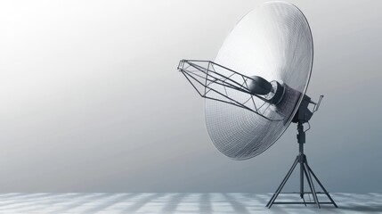 A sleek satellite dish stands prominently on a tripod, capturing signals against a minimalist gray background
