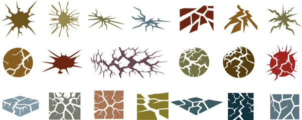 Crack, shatter, break texture vector set. Abstract grunge pattern, distressed surface, fracture design for background, overlay, graphic Vector illustration, rugged style, damage effect, rough terrain