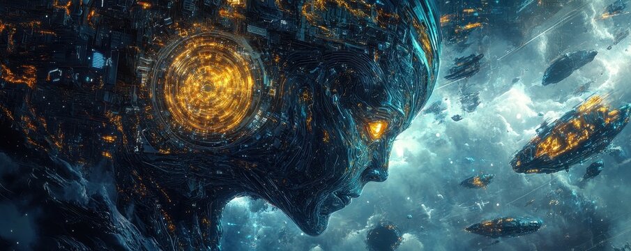 An alien hive mind controlling an endless swarm of drones in a futuristic landscape.