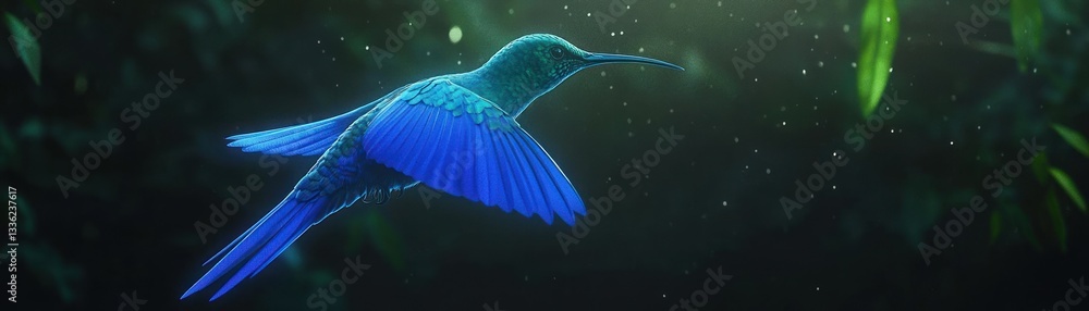 Poster a small colorful hummingbird is flying in a dark forest scene
