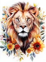 Majestic lion face drawn in watercolor and colored pencils, surrounded by soft flowers, with bold but balanced colors, set on a clean white background