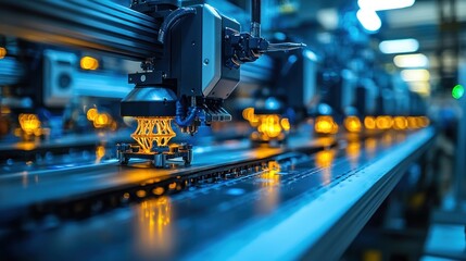 Fototapeta premium Automated assembly line with robotic arms placing components onto circuit boards.