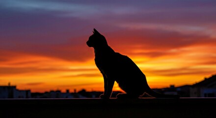 Photograph an Arabian Mau Cat Silhouetted Against a Vibrant Sunset Sky, Highlighting Its Elegant Form and the Dramatic Sky Colors_