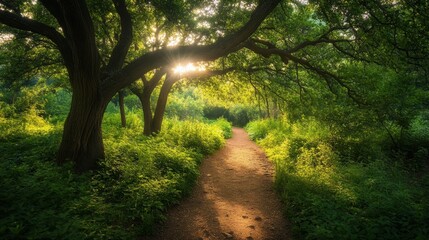 Naklejka premium A scenic nature trail with lush greenery, perfect for mindful walking and reconnecting with nature.