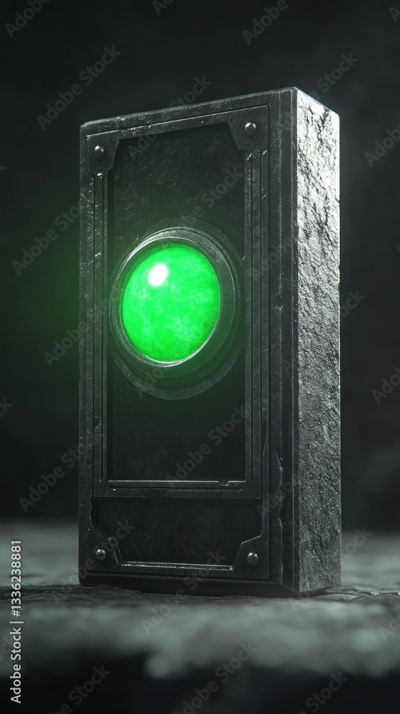 Poster a dark metallic rectangular box with a glowing green gem