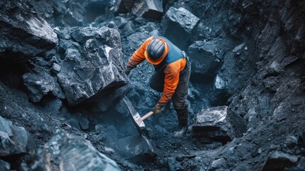 Hard work in the quarry: A miner breaking rocks with a pickaxe for extraction