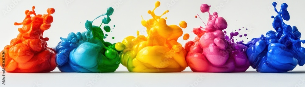 Poster five colorful liquid splashes appear in a row against a white background