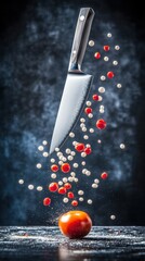 A sharp knife cuts tomatoes and spices in midair