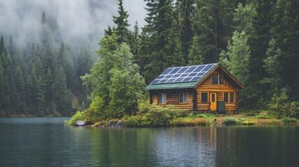 Fototapeta premium A small nature conservation hut with solar panels, located deep in an eco-tourism forest reserve.