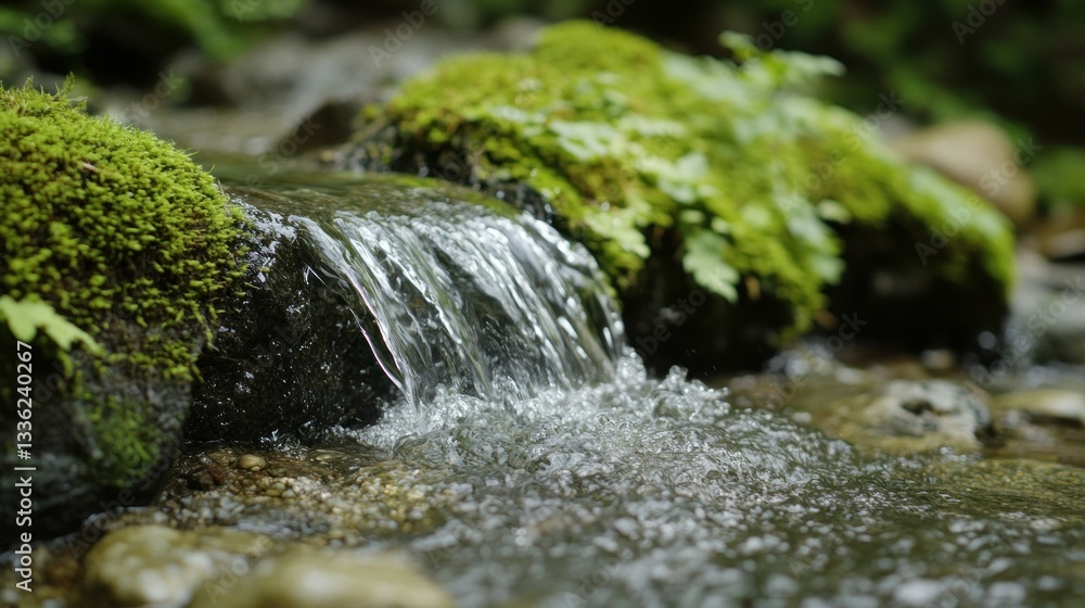 Poster A small stream cascading over rocks covered with moss and greenery