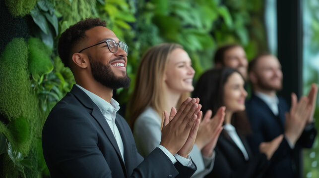 A diverse corporate team dressed in professional attire, gathered in front of a lush green wall, smiling and applauding as they celebrate the successful launch of an ESG fund. - Powered by Adobe